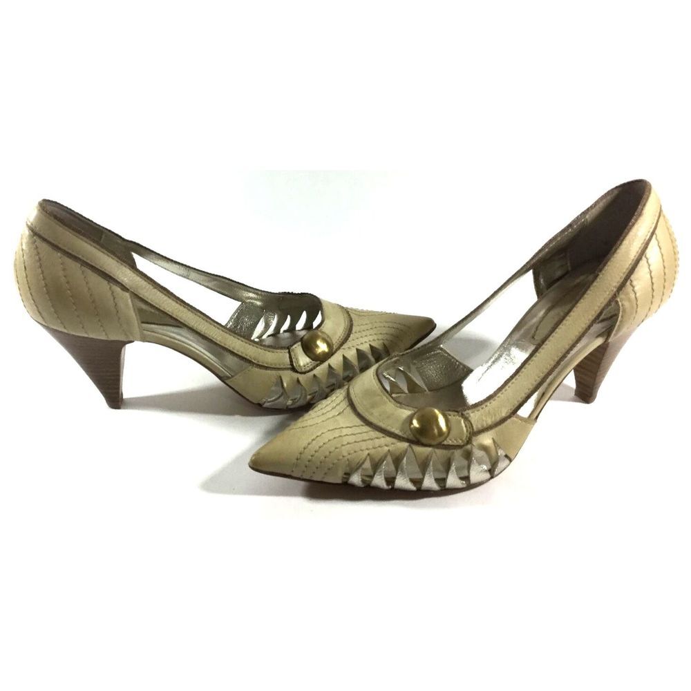 Womans Tentazione Shoes Italy Leather‎ Size 38 US 7 Beige Heel Side Cut Outs